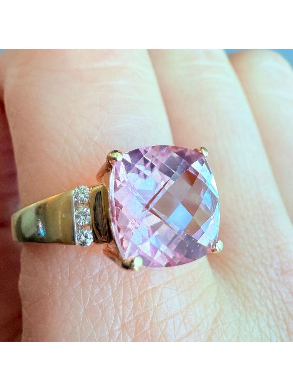 Estate 14K Solid Yellow Gold 4.6 CT Natural Pink Topaz Diamond Chatelaine Ring - Picture 10 of 12